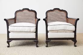 Pair Of Ebonized Cane Bergere Lounge Chairs With Linen Chairish Caned Bergere Chair Club Chairs