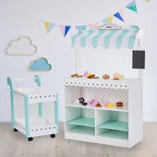Teamson Kids My Dream Bakery Shop Dessert Stand and Rolling Pastry Cart  Interactive Wooden Play Set with 18 Pretend Baked Goods, White and Mint  Green with Gray Polka Dot Accents : Toys & Games