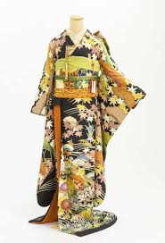 a 73 引き振袖 黒地 波模様に四季花 着物ファッション 伝統的な服 引き振袖