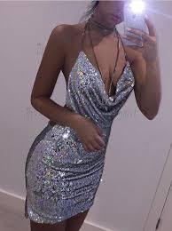 Sheath Halter Sleeveless Backless Short Silver Sequined Cocktail Dress Womens Sequin Dresses Short Sparkly Dresses Vegas Dresses