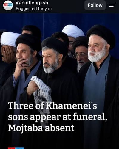 Three of late Iranian leader Ayatollah Ali Khamenei's sons—Mostafa, Meysam, and Masoud—were seen praying beside his coffin during funeral ceremonies in Tehran. However, Mojtaba Khamenei, who succeeded his father as Iran's Supreme