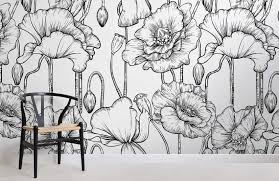 Black And White Floral Wallpaper Simple Black White Floral Wallpaper Mural Murals Wallpaper White Flower Wallpaper Mural Mural Wallpaper