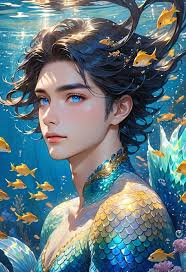 Anime male with a gold chest and a blue shirt sitting in a flowery area