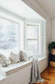 Customer wanted to maintain the view to their beautiful backyard and wanted a simple window treatment. Farmhouse Style Window Seat Makeover Beautiful Farmhouse Style Window Trim And Shiplap Wall Sarahjoyblog Far Window Seat Home Design Living Room Home Decor