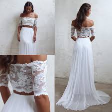 Ivory Chiffon Wedding Dress Two Piece Lace Top Off Shoulder Half Sleeve Summer Beach Bridal Gown In 2020 Ivory Chiffon Wedding Dress Crop Top Wedding Dress Chiffon Wedding Dress