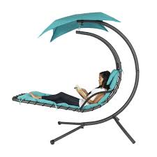 Best Choice Products Outdoor Hanging Curved Steel Chaise Lounge Chair Swing With Built In Pillow And Removable Canopy Teal Walmart Com Hanging Lounge Chair Loungers Chair Hammock Swing Chair