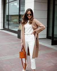All White Outfit With Camel Cardigan Girl Meets Gold