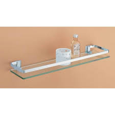 A tempered glass shelf small enough to fit neatly in your bathroom while still providing you with sufficient space to store goods and hang your towel. Bathroom Shelves Organize It All Wall Mounting Bathroom Glass Shelf With Chrome Finish And Rail Hardware Bathroom Hardware Bathroom Shelves