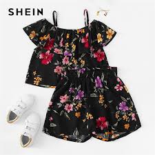 Us 14 49 42 Off Shein Kiddie Black Cold Shoulder Ruffle Floral Print Top And Shorts Teenage Girls Clothing Set 2019 Summer Beach Kids Clothes In