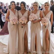 Elegant V Neck 2020 Bridesmaids Dresses Champagne Backless Chiffon Long S Long Gold Bridesmaid Dresses Cheap Bridesmaid Dresses Online Boho Wedding Guest Dress