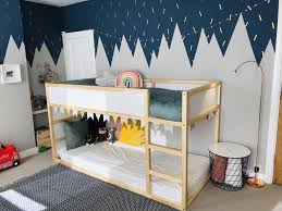 Boys Toddler Bedroom With Ikea Kura Bed Craft Space Shelving Mountain Mural And Display Wall Boys Bedroom Makeover Ikea Toddler Bed Ikea Kura Bed