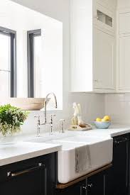 Farmhouse kitchen ideas to consider. Dark Blue Cabinets With Dual Farmhouse Sink Cottage Kitchen