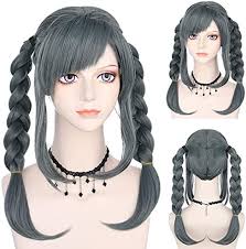 Amazon.com: JoneTing Peko Pekoyama 假髮灰色角色扮演服裝女性假髮+{假髮帽}  兩個辮子合成長波浪假髮,適用於動漫萬聖節聖誕節派對: 服裝，鞋子和珠寶