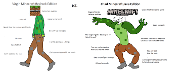The bedrock version of minecraft is generally more polished, world generation is much more smooth and . Virgin Minecraft Bedrock Edition Vs Chad Minecraft Java Edition Virginvschad
