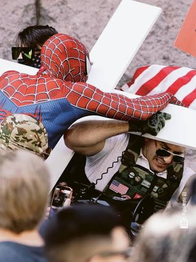 Jake Lang, a far-right troublemaker was punched in the face by Spiderman  during a hate rally. Lang, who has previously attempted to cause trouble by  burning copies of the Qurʾān publicly, held