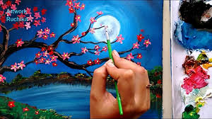 Grossgespart heutige angebote, große einsparungen. Night Scenery With Beautiful Flower Tree Acrylic Painting Youtube Tree Painting Canvas Painting Landscape Painting Lesson