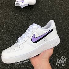 Black Nike Air Forces With White Tick Nike Air Force 1 Purple 3d Swoosh Etsy White Nike Shoes Nike Air Shoes Custom Nike Shoes