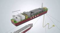 3D animation showing a floating liquefied natural gas facility and an LNG  carrier