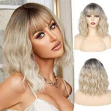 Amazon.com : VKheroKV WS-02 Women's Wavy Wig With Hair Bang Shoulder Length  Bob Wigs Synthetic Heat Resistant Curly Wigs Colorful For Party Daily  (Blonde) : Beauty & Personal Care
