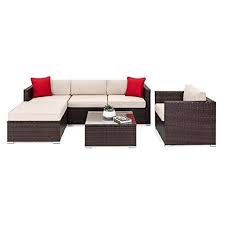 Oakville Furniture 61106 6 Piece Outdoor Patio Furniture Rattan Sectional Sofa Conversation S Beige Cushions Sectional Sofa Backyard Furniture Decor