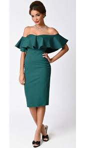 1950s Style Emerald Green Off Shoulder Ruffle Wiggle Dress Emerald Green Cocktail Dress Green Cocktail Dress Retro Dress