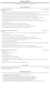 Skills associated with sample resumes of internal auditors include performing financial audits at various locations to ensure compliance with company policies. Senior Manager Audit Resume Sample Mintresume