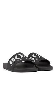 Logo print stretch micro modal pyjama top. Boss Italian Made Rubber Slide Sandals With Contrast Logo