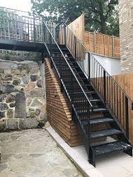 The custom color of our powder coated aluminum outdoor staircase is the perfect complement for any space, especially if you select a bright, bold color to really make a deck, patio, or other outdoor space pop. Steel Staircases Metal Staircases Steel Stairs Gates