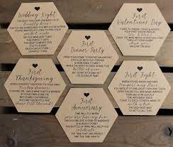 .fight first baby first dinner party first thanksgiving new job christmas eve first anniversary first new year's this is a digital download, you will wedding gift, bridal shower, poem wine tags {printable}. Bridal Shower Wine Labels Modern 3 Inch Hexagon Basket Of Firsts Milestone Poems Wedding Gift Recycled Eco Friendly 6 Pack Buy Online In Nicaragua At Desertcart Ni Productid 65534874