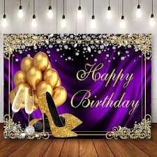 Download a happy birthday image to celebrate your loved one. Purple Happy Birthday Backdrop Diamond Balloons Champagne Golden High Heels Glasses Glitter Photography Background Girls Bday Banner Wish