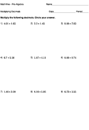 Preview images of the first and second (if there is one) pages are shown. Multiplying Decimals Mathvine Com