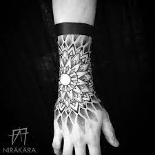 Blackwork Sacred Geometry Yoga Buddha Mandala Noir Meditation Dotwork Pointillism Stippling Tattoo Awa Cuff Tattoo Hand Tattoos Mandala Hand Tattoos