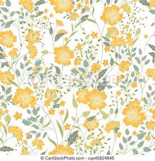 Detailed retro drawings of blooming flowers and overlapping plant stems in neutral colors. Vector Vintage Seamless Floral Pattern Herbs And Wild Flowers Botanical Illustration Engraving Style Colorful Yellow Green Canstock