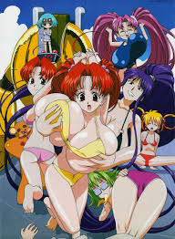 grace lin, harumachi komoe, misono kirika, morooka kyoko, shinonome  chiharu, shinonome yuriko, tororo (character), eiken, official art, 00s,  6+girls, ass, banana, barefoot, bikini, black bikini, blonde hair, blue  hair, breasts, cleavage, closed