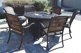 Cast Aluminum Wicker Furniture Patio 7pc Fire Pit Dining Set With Round Table Fire Pit Dining Set Patio Outdoor Furniture