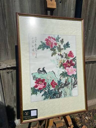This framed print is of a traditional late Qing dynasty (1644-1911) ink on rice paper, depicting birds with peony's. Peony's are a traditional Chinese symbol of wealth, beauty and imperial honour. This