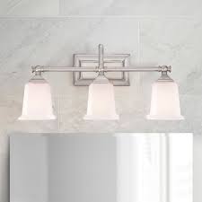 Light up your world with a hint of contemporary flair with this philips forecast palette wall light.the palette 2 light bathroom light sports an ever so satisfying satin nickel finish and a sleek glass shade to really wow your guests. Bathroom Light With White Glass In Brushed Nickel Finish Nl8603bn Destination Lighting