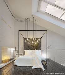 Contemporary Master Bedroom With Pendant Light Herringbone Tile Floors Skylight High Ceiling Home Bedroom Bedroom Design Home