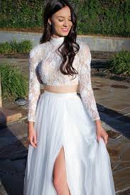 Round neck flared sleeves 3d flower white long prom dresses, long floral white formal evening dresses. Two Piece High Neck Lace Top Long White Prom Dress With Slit Fancyvestido