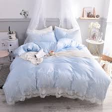 Luxury Light Blue White Pink Romantic Lace Soft Silky Polyester Fiber Bedding Set Princess Duvet Cover Bed Sheet Pillowcases Bedding Sets Aliexpress