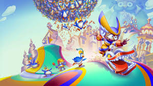 Penny swinging across a colorful environment.
