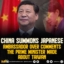 China summoned Japan's ambassador on Thursday, November 13, 2025, to lodge  a strong protest over recent comments made by the Japanese Prime Minister,  Sanae Takaichi, regarding Taiwan. During a parliamentary committee last