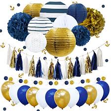 Nicrolandee Nautical Bachelorette Party Decorations Navy Stripe Gold Paper Lanterns Royal Blue Tissue Pom Poms Flower Glitter Anchor Confetti Tassel Garland Party Balloon Wedding Bridal Baby Shower Buy Online In Albania At 60th 70th 80th birthday canvas party banner personalised decorations supplies. desertcart