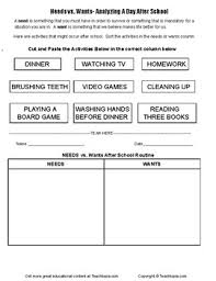 Maybe you would like to learn more about one of these? Needs Vs Wants A Cut And Paste Students Sort Need Vs Wants Great Activity