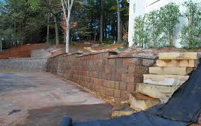 Home repair, local contractors, remodelers, handyman Harvest Blend Color With Circular Steps Curved Rock Slab Steps Blocks Have More Color When Wet Long Retaining Wall Rather Long But Really Helped The Yard Be Useable Terraced Retaining Walls Two Walls Made Two Areas Of Usable Space Terraced Retaining Walls