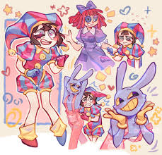 284392 - safe, artist:angelponowo, jax (the amazing digital circus), pomni  (the amazing digital circus), ragatha (the amazing digital circus), animate  doll, animate object, fictional species, lagomorph, leporid, mammal,  rabbit, anthro, humanoid, the