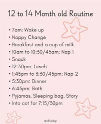 please note this is just an average and some 12-14 month olds may already  be on one nap a day or need slightly longer in the morning than this routine  suggests 💗
