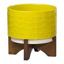 Orla Kiely Ceramic Plant Pot With Wooden Stand In 60 S Stem Dandelion Yellow Ceramic Plant Pots Plant Pot Decoration Plant Decor