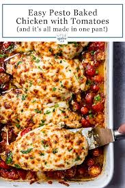 Pesto Baked Chicken With Tomatoes An Easy One Pan Dinner Recipe That Comes With Pesto Tomato Pan Sauce Cooked Chi In 2020 Homemade Pesto Recipe Recipes Pesto Recipe