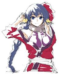 nike abc, karulau, aquaplus, utawarerumono, highres, 1girl, absurdly long  hair, animal ears, arms up, bare shoulders, blue eyes, blue hair, braid,  breasts, chain, cleavage, closed mouth, collar, hair between eyes, large  breasts, long hair, long sleeves, metal ...